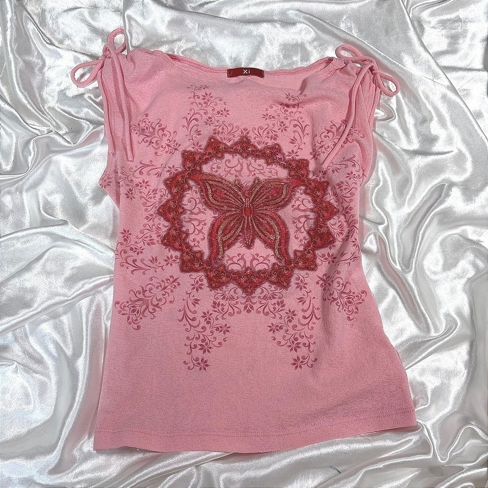 y2k Xi Butterfly Graphic Top Pink Excellent Tie Shoulder Cap Sleeve Beaded Tee